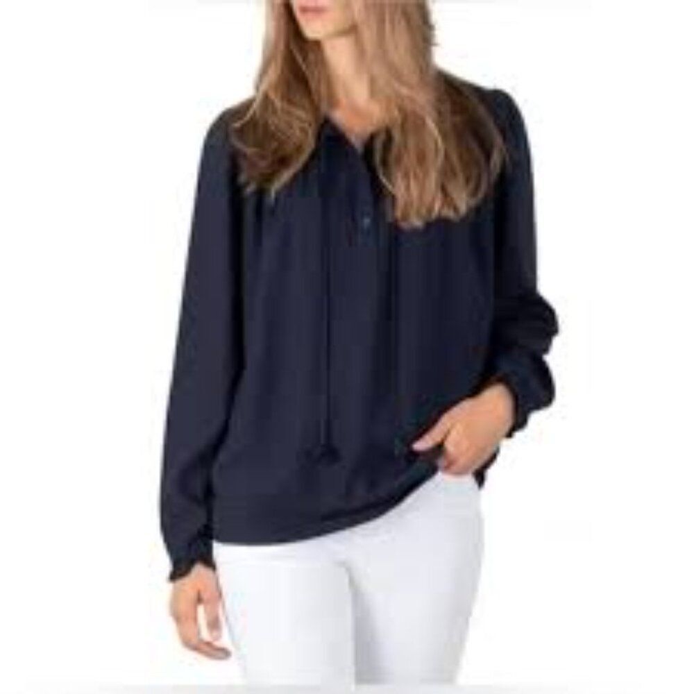 Joie Navy Blue Long Sleeve Peasant Blouse Shirt Top with Ruffles & Tie Size XXL